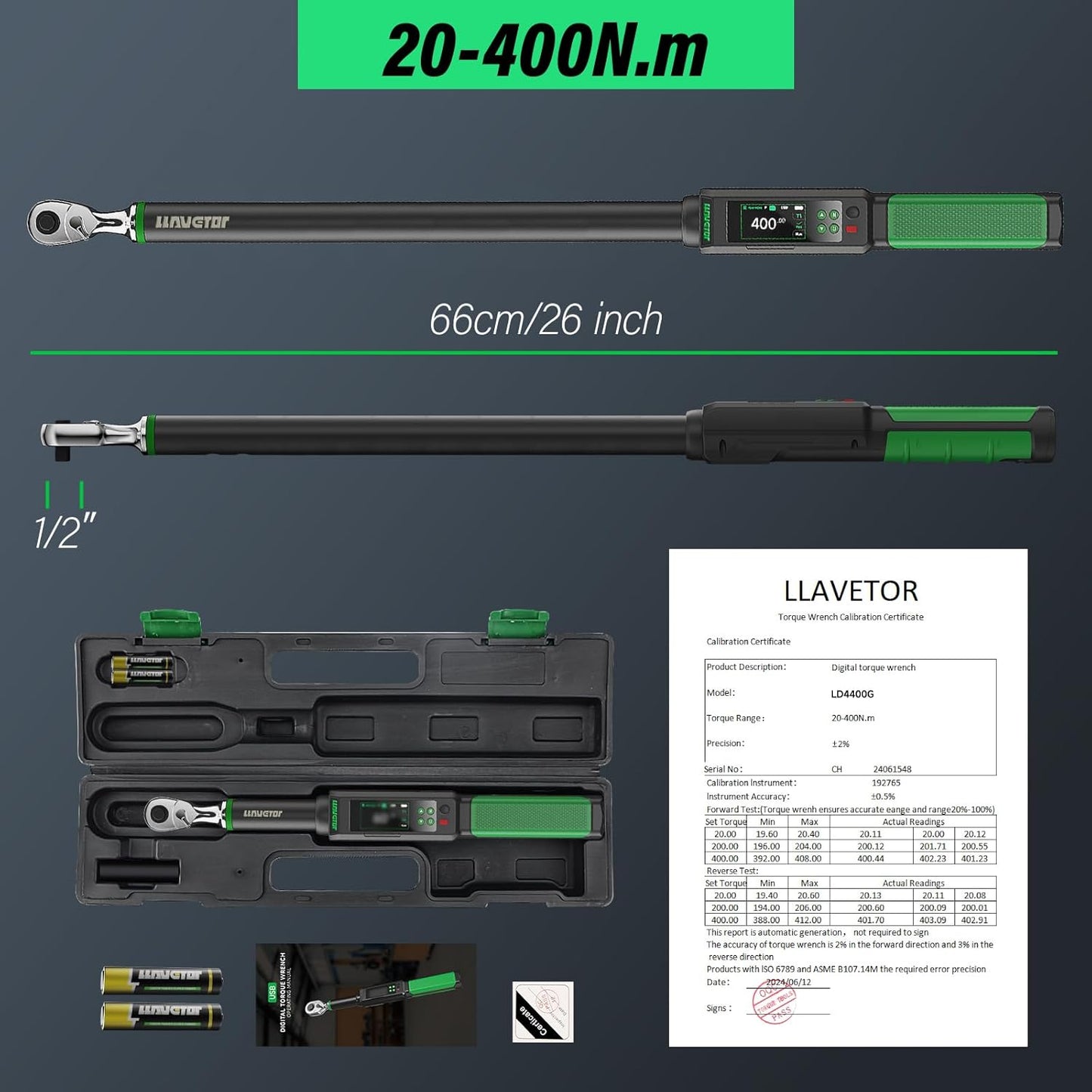 Cheie dinamometrica digitala 1/2 inch, cuplu 20-400 N.m, cu display LCD, alerta sonora, precizie ±1%, cu cutie de depozitare, pentru auto, motociclete si biciclete