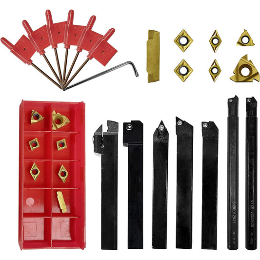 Set cutite de strung cu placute amovibile, 7 pese de strunjit cu insertii din carbura 12 mm cu bara de gaurit si 7 chei T8