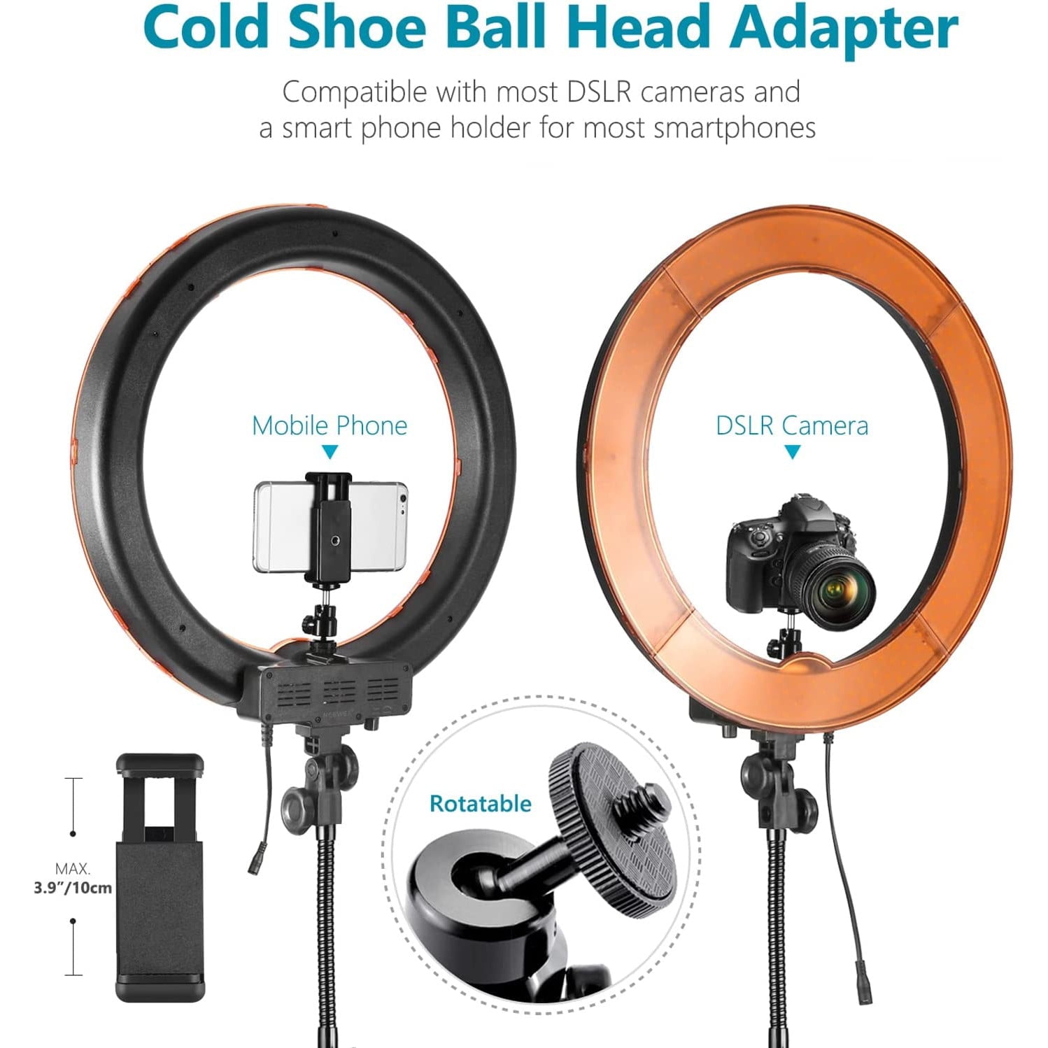 Set lampa circulara LED ring light 18 inch 55W 5500K, dimabil 1-100% cu trepied reglabil, filtre de culoare portocaliu si alb, suport telefon, adaptor cap trepied, telecomanda Bluetooth