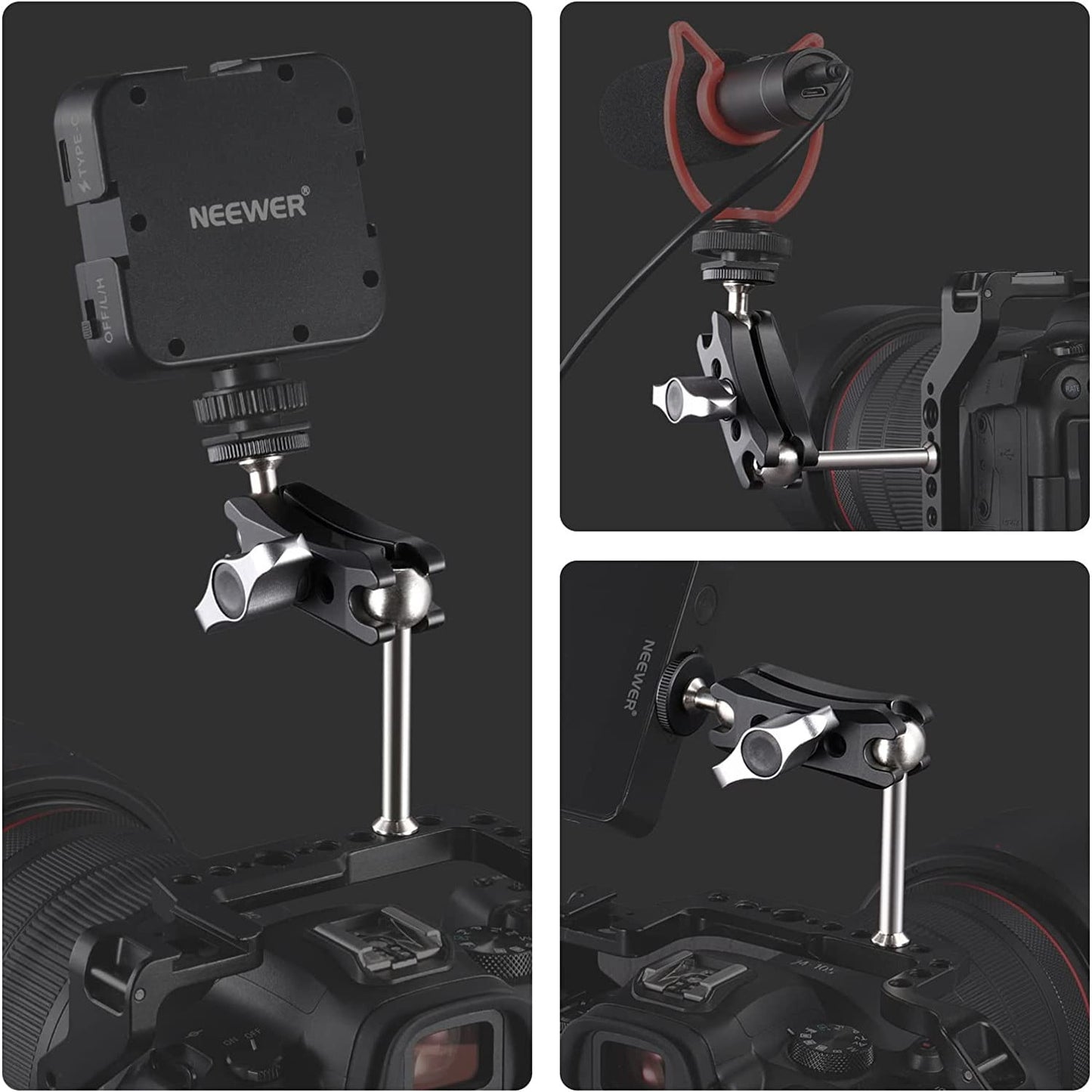 Suport mini magic arm cu cap cu bila dublu, cu surub 1/4", suport monitor de camp cu sarcina verticala maxima 2,4 kg, pentru microfon, lumina LED, display, Neewer ST45