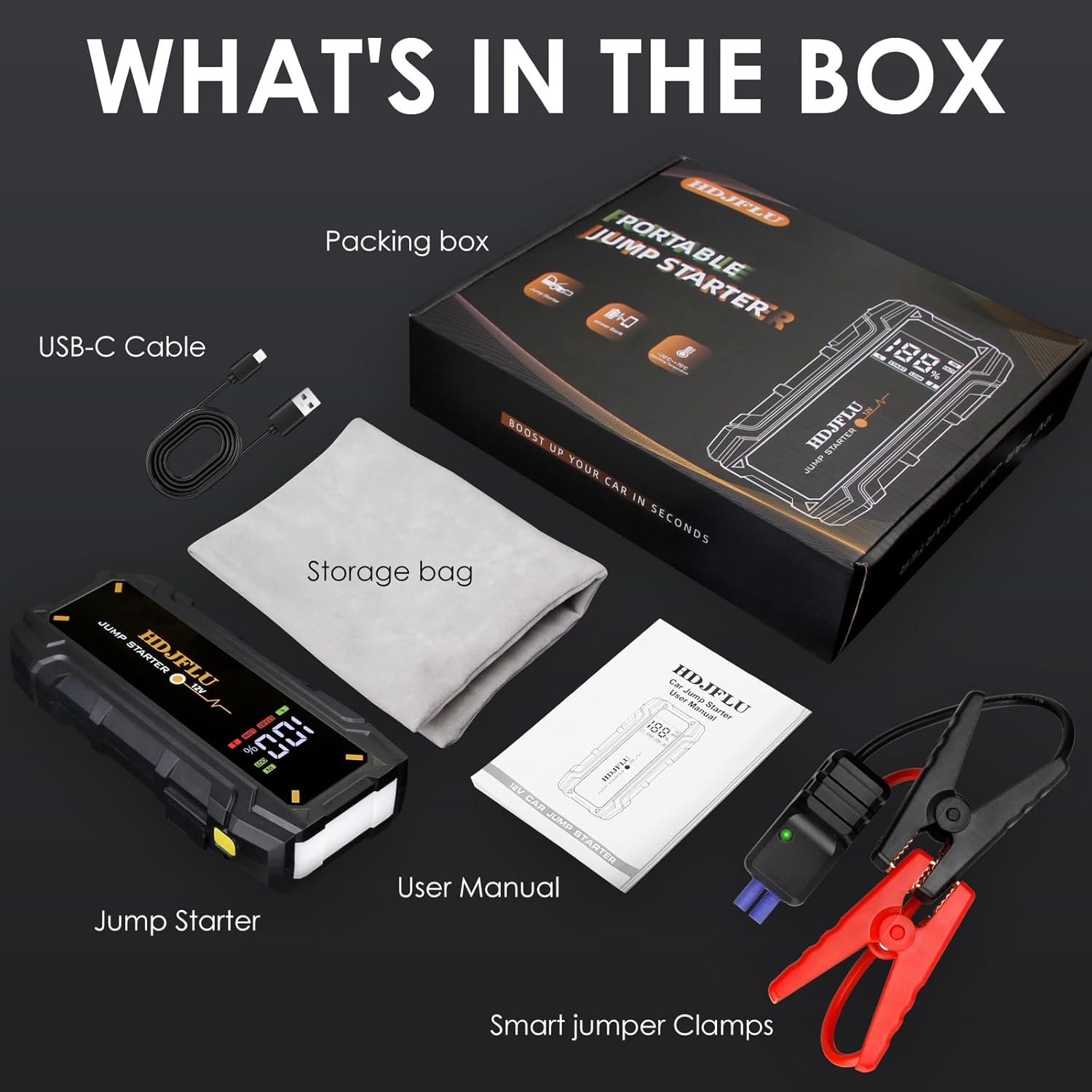 Starter auto portabil, jump starter 3000 A, robot de pornire cu functie powerbank de 24000 mAh, lanterna LED, ecran LCD, port USB-C, pana la 7 litri benzina si 5.5 litri diesel 12V, multifunctional