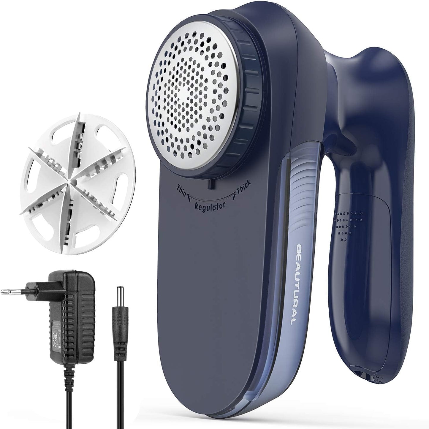 Aparat de curatat scame Beautural Lint, rotire a lamei de pana la 9000 rotatii/min, cutit cu 6 lame, 2 viteze, perie de curatare, recipient transparent, Albastru