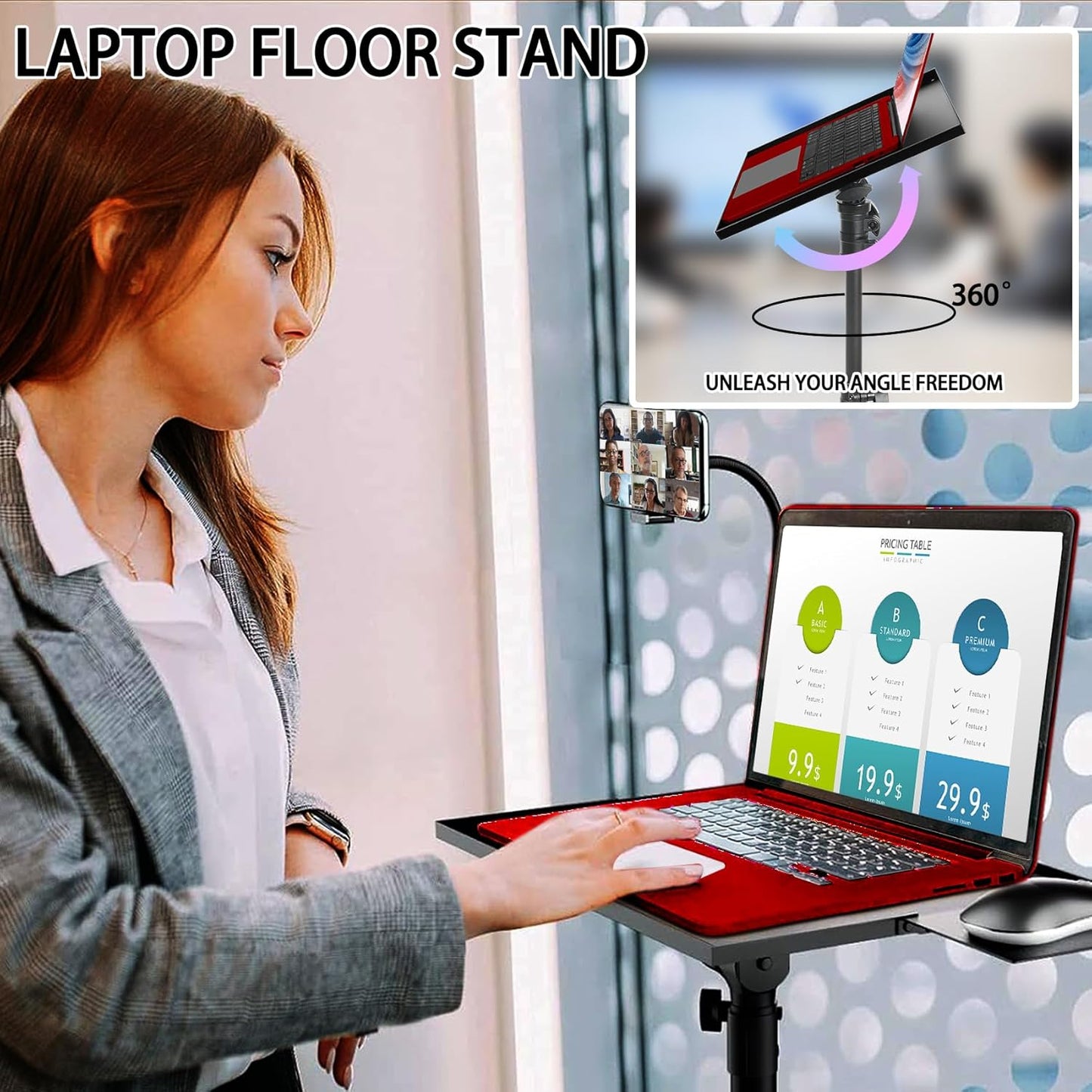 Suport mobil pentru videoproiector/laptop, stand cu inaltime reglabila 66-160 cm, suport smartphone, capacitate 10 kg, din metal, tava rotativa 360°, pentru proiector, tableta, mixer, laptop, partitura, negru
