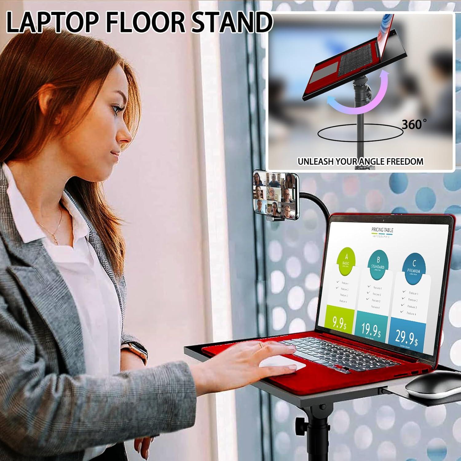 Suport mobil pentru videoproiector/laptop, stand cu inaltime reglabila 66-160 cm, suport smartphone, capacitate 10 kg, din metal, tava rotativa 360°, pentru proiector, tableta, mixer, laptop, partitura, negru