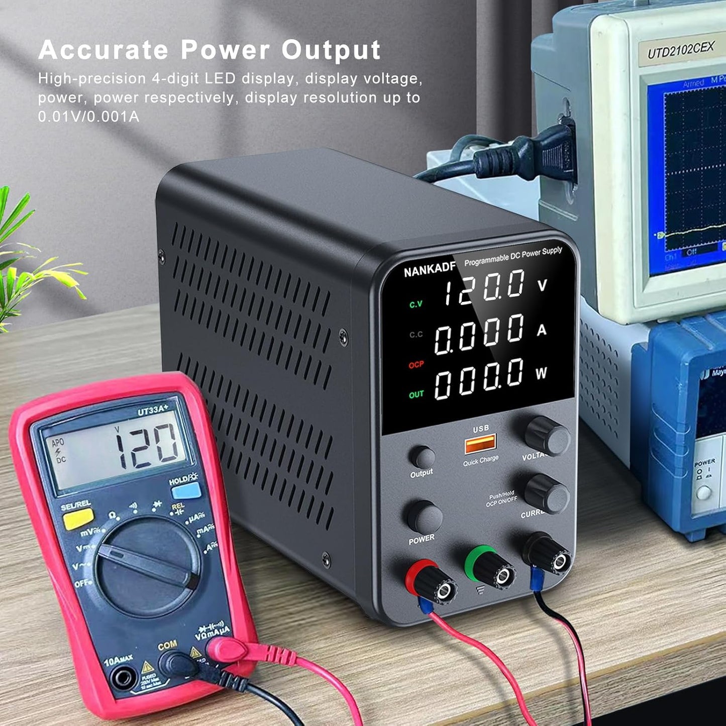 Sursa de alimentare de laborator 0-120 V, 0-3 A, 360 W, cu display LED, ventilator de racire, functie protectie supracurent (OCP), cu port USB 18 W, stabilizare voltaj si curent, CV/CC