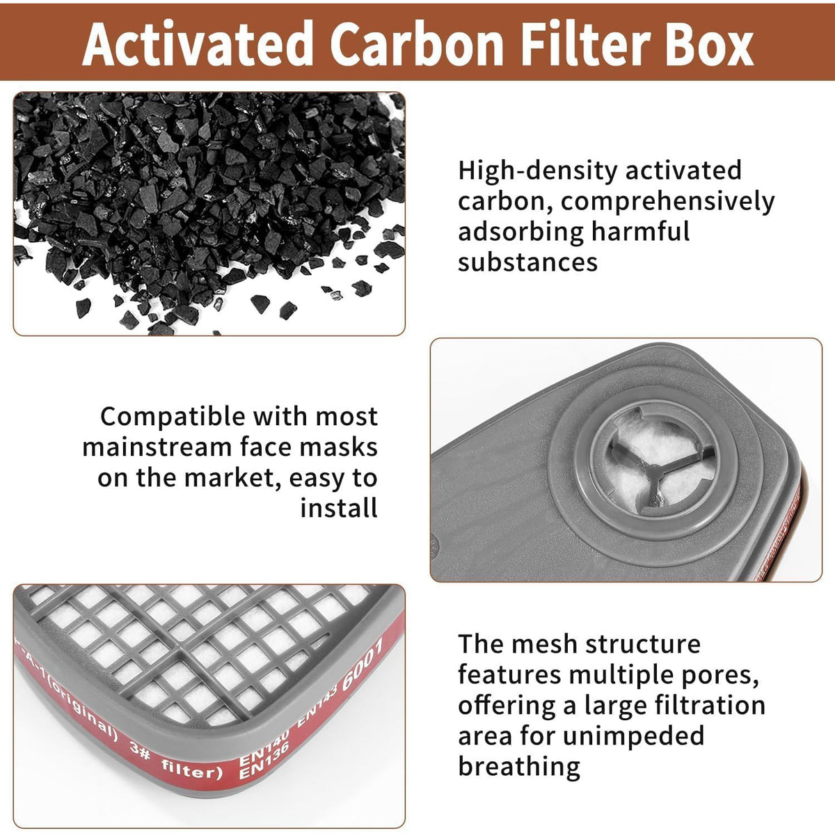 Set filtru 6001 pentru masca respiratorie - 100 cartuse + 4 filtre si capace, filtru chimic compatibil 6000, 6200, 6300, 6800, 7501, 7502 si FF402, protectie gaz, praf si particule, pentru mestesugari si vopsitorie