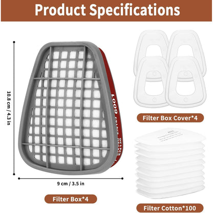 Set filtru 6001 pentru masca respiratorie - 100 cartuse + 4 filtre si capace, filtru chimic compatibil 6000, 6200, 6300, 6800, 7501, 7502 si FF402, protectie gaz, praf si particule, pentru mestesugari si vopsitorie