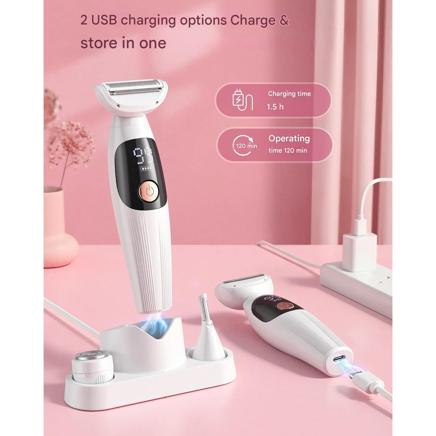 Aparat de ras electric pentru femei 3 in 1, afisaj LED, rezistent la apa IPX7, USB-C reincarcabil, pentru bikini, axile si fata, fara iritatii, pentru piele sensibila, utilizare umed/uscat, alb