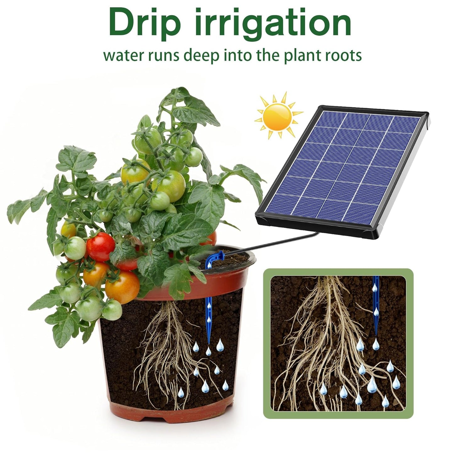 Sistem de irigare prin picurare cu panou solar, de 15 m, cu 15 aspersoare, 6 moduri de udare, alarma lipsa apa, impermeabil IP67, utilizare in interior/exterior, pentru balcon, gradina, sera