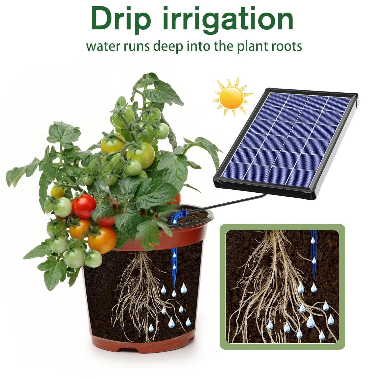 Sistem de irigare prin picurare cu panou solar, de 15 m, cu 15 aspersoare, 6 moduri de udare, alarma lipsa apa, impermeabil IP67, utilizare in interior/exterior, pentru balcon, gradina, sera