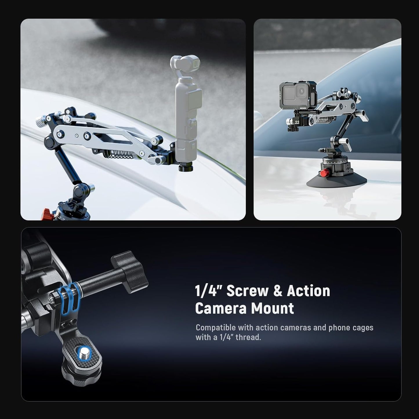 Suport auto NEEWER cu ventuza si brat hidraulic flexibil pentru camera de actiune si telefon – sina NATO, rotire 360°, compatibil DJI Osmo Pocket 3, Insta360 X3/X4/X5, GoPro Hero 9–13, telefon mobil, sarcina max. 500 g, aliaj aluminiu, GA022