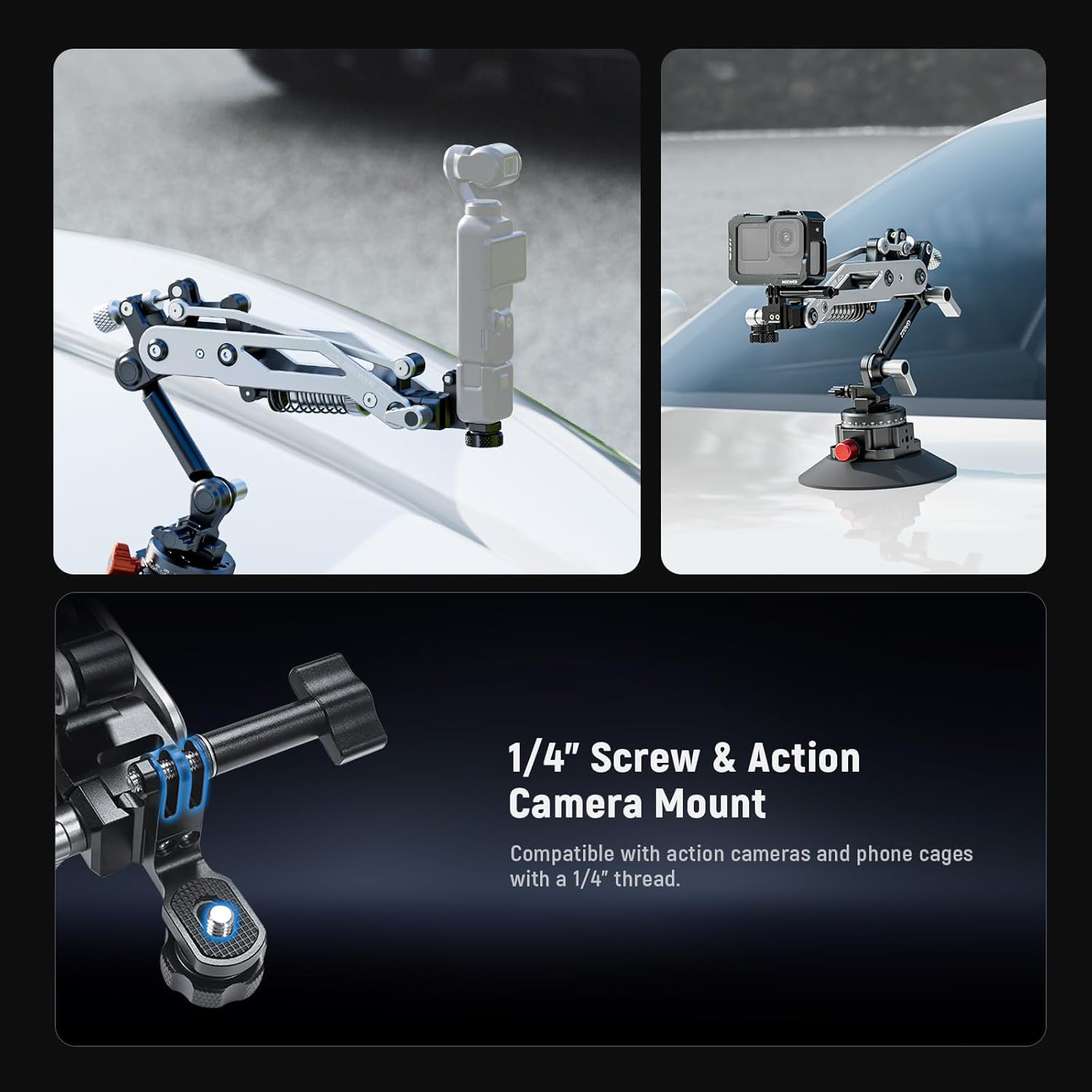 Suport auto NEEWER cu ventuza si brat hidraulic flexibil pentru camera de actiune si telefon – sina NATO, rotire 360°, compatibil DJI Osmo Pocket 3, Insta360 X3/X4/X5, GoPro Hero 9–13, telefon mobil, sarcina max. 500 g, aliaj aluminiu, GA022