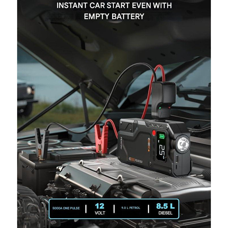 Starter auto multifuncțional FEATOU 8 în 1, curent 4500A, baterie externă, compresor 150 PSI, portabil