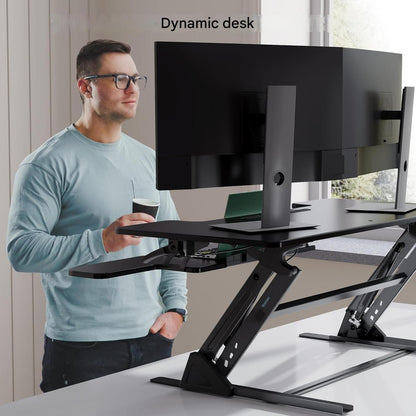 Suport de birou reglabil Bontec, 107x52.2cm, capacitate 15kg, arc dublu, reglaj inaltime 15–44 cm, pentru statie de lucru cu doua monitoare, negru