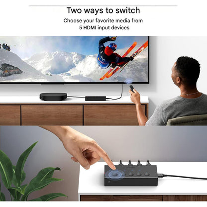 Switch HDMI UGREEN 5 intrari 1 iesire, HDMI 2.0, 4K 60Hz, 18Gbps, HDR/CEC/HDCP 2.2, 3D, telecomanda IR, comutare rapida PS5/PS4/Xbox/Apple TV/Blu-ray/DVD, compatibil TV/monitor/proiector, alimentare USB-C 5V