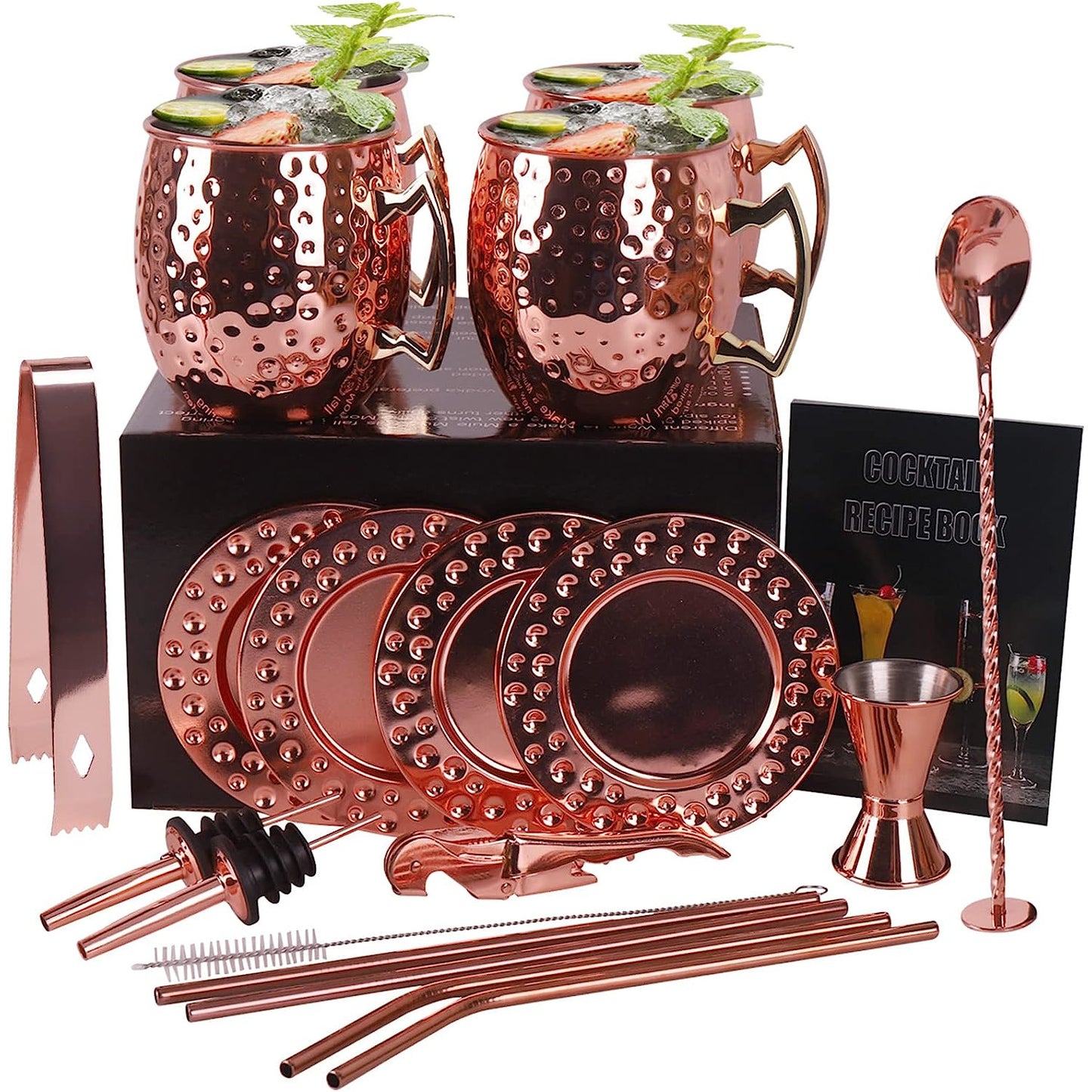 Set de 4 cani Moscow Mule, cesti 550 ml cu farfuriute, pai, jigger, lingurita, perie de curatare pai, tirbuson, rose gold