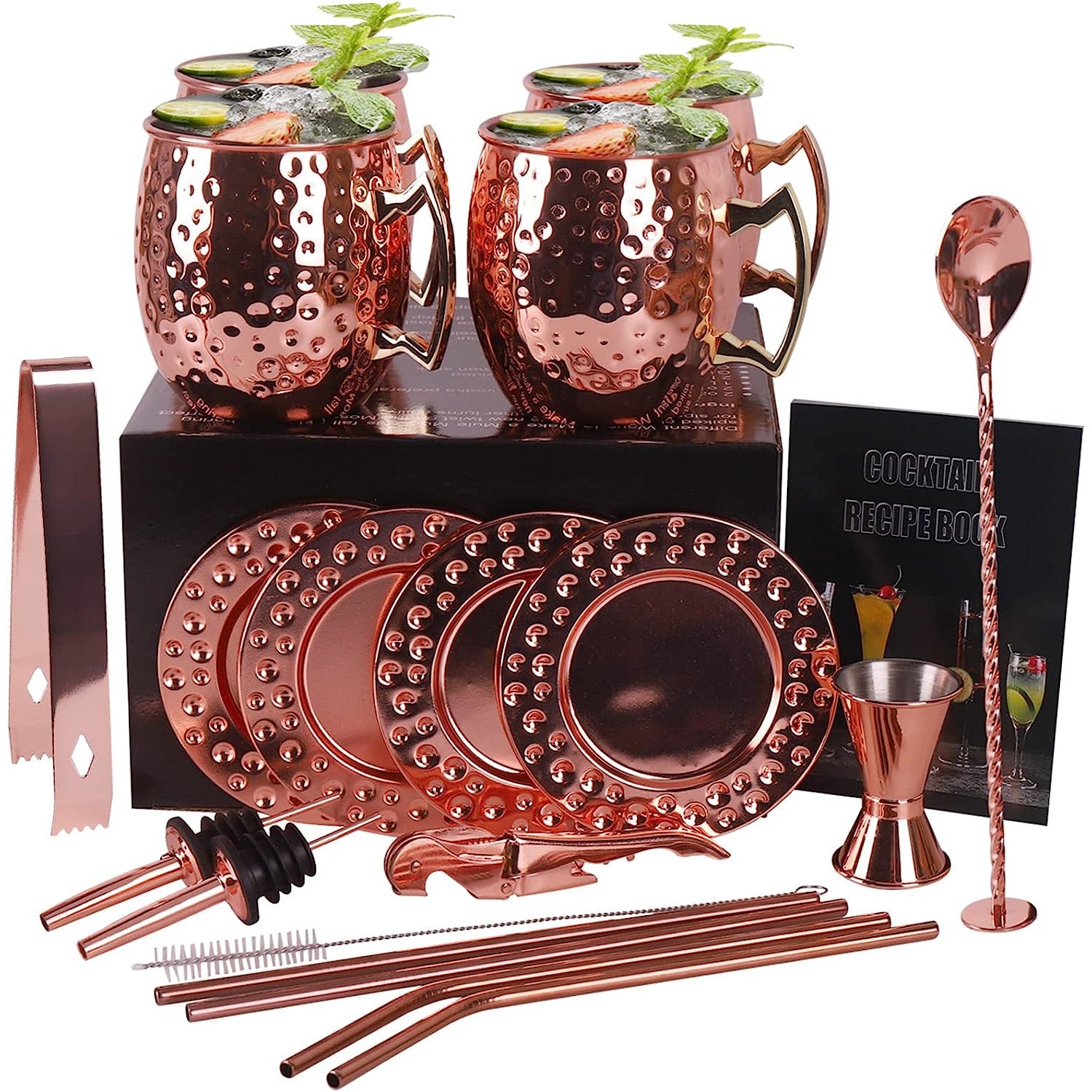 Set de 4 cani Moscow Mule, cesti 550 ml cu farfuriute, pai, jigger, lingurita, perie de curatare pai, tirbuson, rose gold