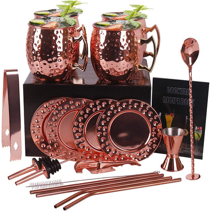 Set de 4 cani Moscow Mule, cesti 550 ml cu farfuriute, pai, jigger, lingurita, perie de curatare pai, tirbuson, rose gold