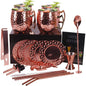 Set de 4 cani Moscow Mule, cesti 550 ml cu farfuriute, pai, jigger, lingurita, perie de curatare pai, tirbuson, rose gold