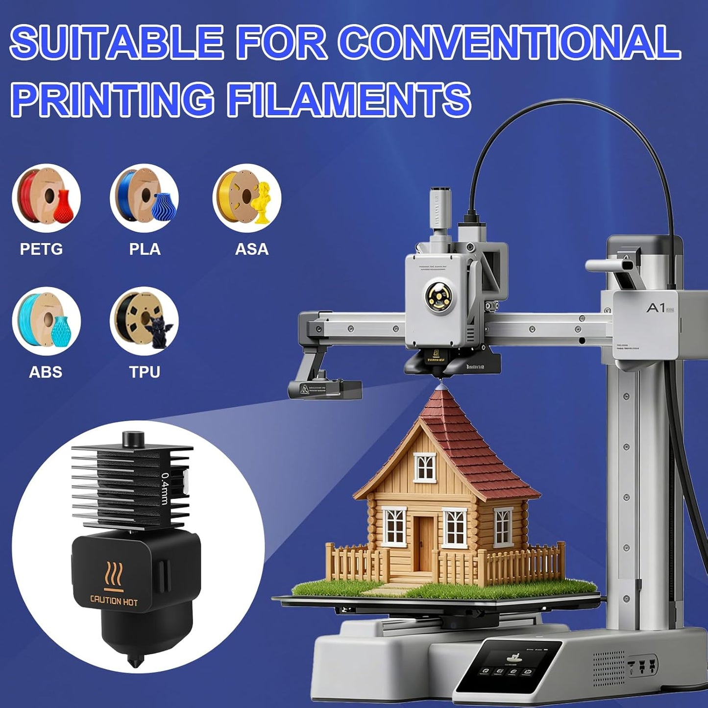 Set 3 Hotend-uri 0.4 mm pentru Bambu Lab A1 / A1 Mini, cu duze otel calit 0.2/0.4/0.6 mm, sosete silicon, ace curatare si chei, compatibil PLA ABS PETG TPU lemn 1.75 mm, kit complet extruder imprimanta 3D