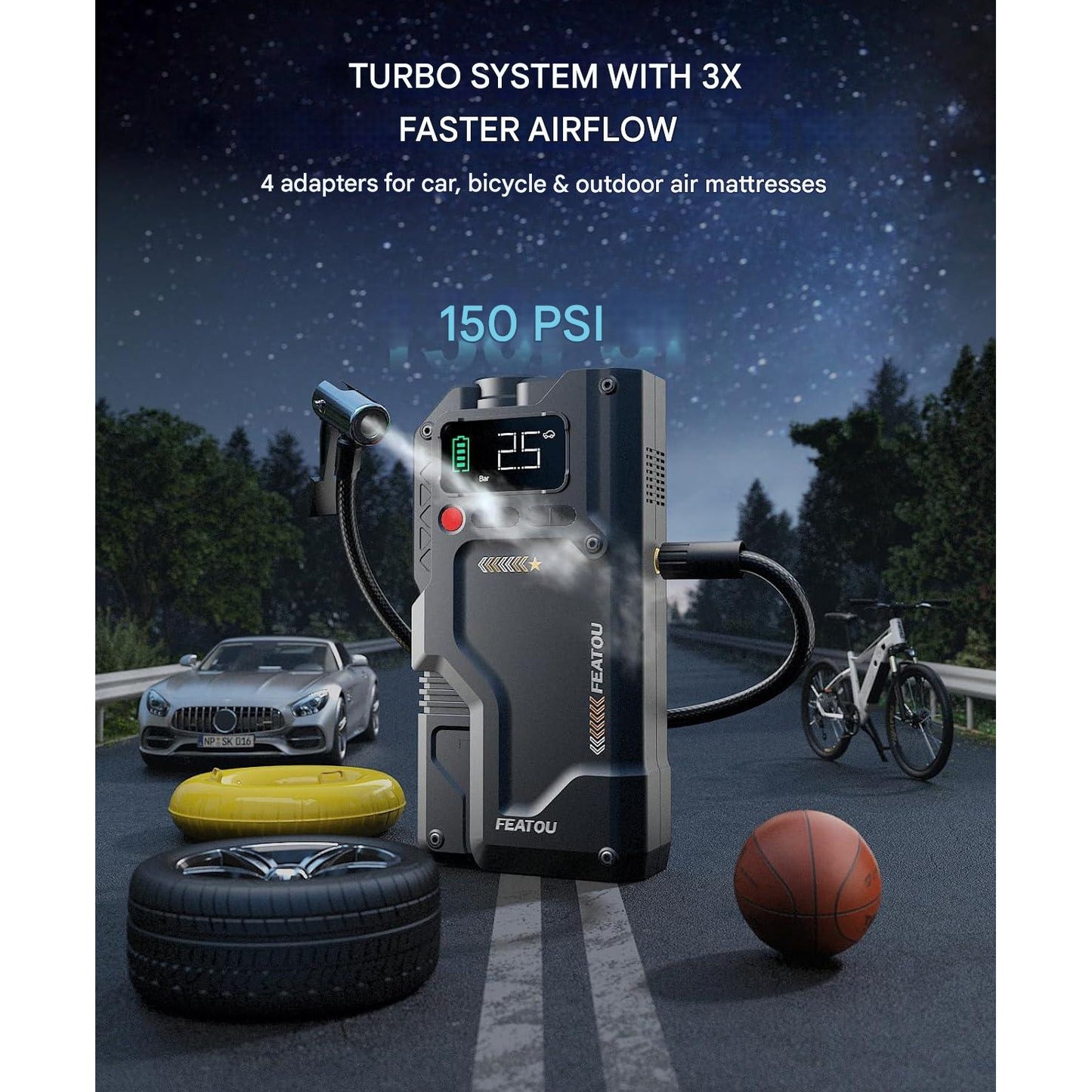 Starter auto multifuncțional FEATOU 8 în 1, curent 4500A, baterie externă, compresor 150 PSI, portabil