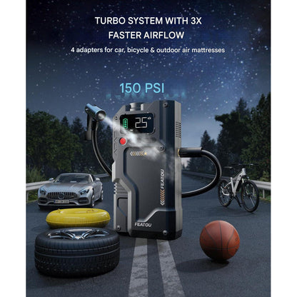 Starter auto multifuncțional FEATOU 8 în 1, curent 4500A, baterie externă, compresor 150 PSI, portabil