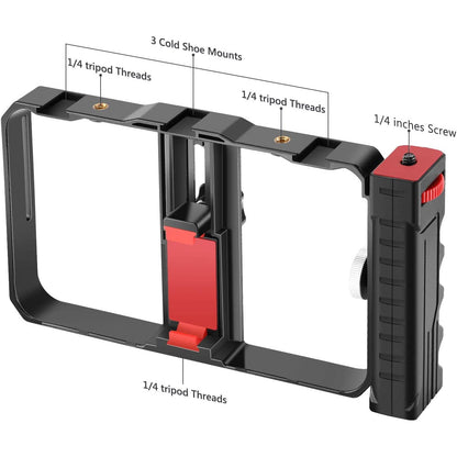 Cadru video rig pentru smartphone cu filet 1/4, utilizare orizontala sau verticala, montare trepied, din Aluminiu prelucrat CNC, pentru iPhone 11 Pro, 11 Pro Max, X, Xs, Huawei, Samsung