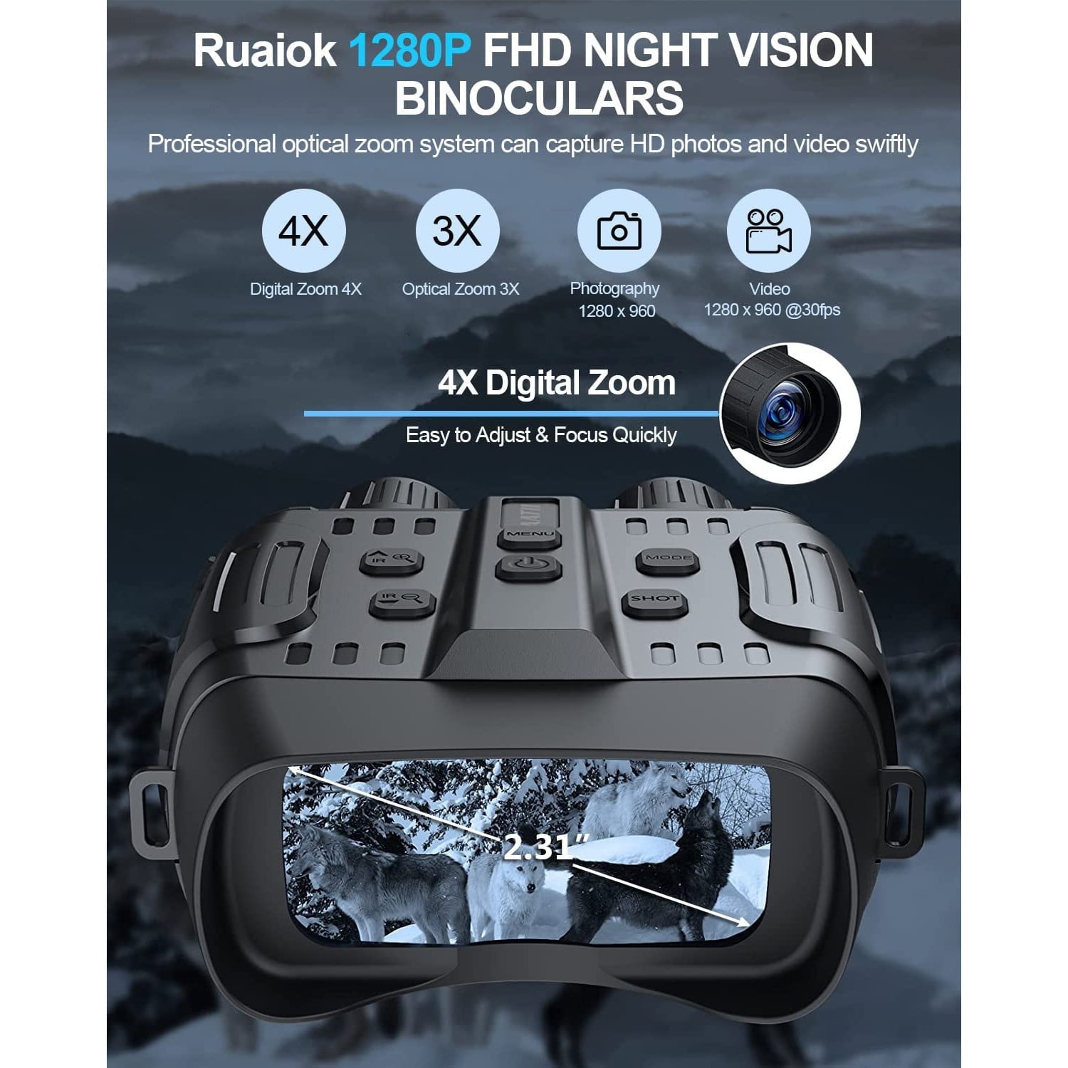 Binoclu digital nightvision cu ecran de 2.31inch, raza de actiune 300 m, infrarosu cu 7 nivele, mod de filmare HD si fotografiere, slot card, pentru vanatoare, observare pasari