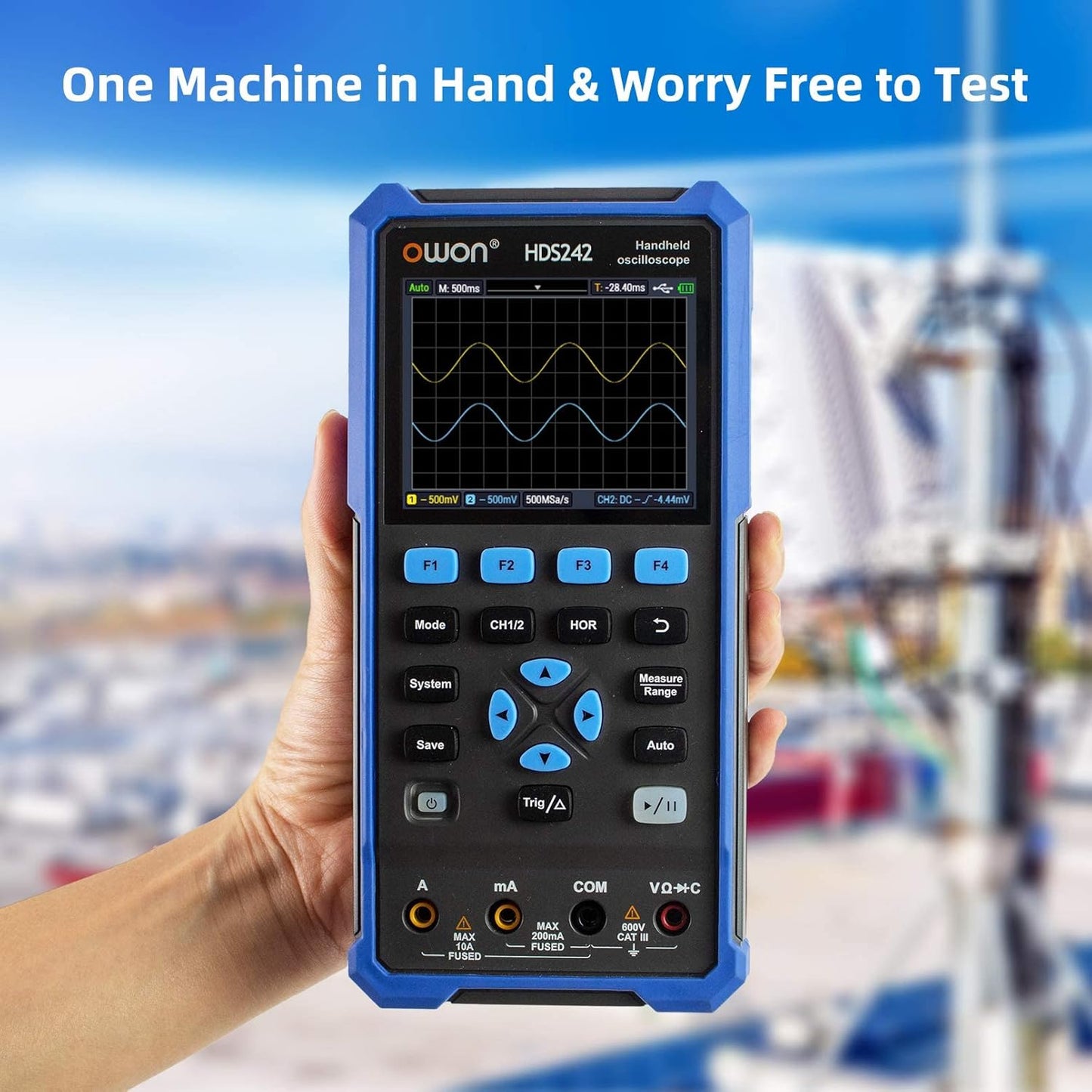 Osciloscop portabil, cu functie multimetru digital cu 20000 counts, ecran 3.5 inch, latime de banda cu 2 canale 40 MHz, 10000wfrms/s, acumulator 4400 mAh, multifunctional
