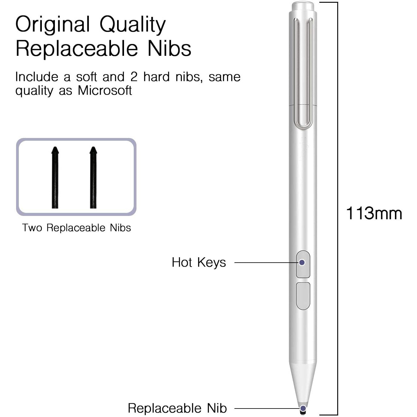 Pix Stylus pentru Microsoft Surface, 1024 puncte presiune, Respingere palma, Surface PRO / Go / Laptop / Book / Studio, alb