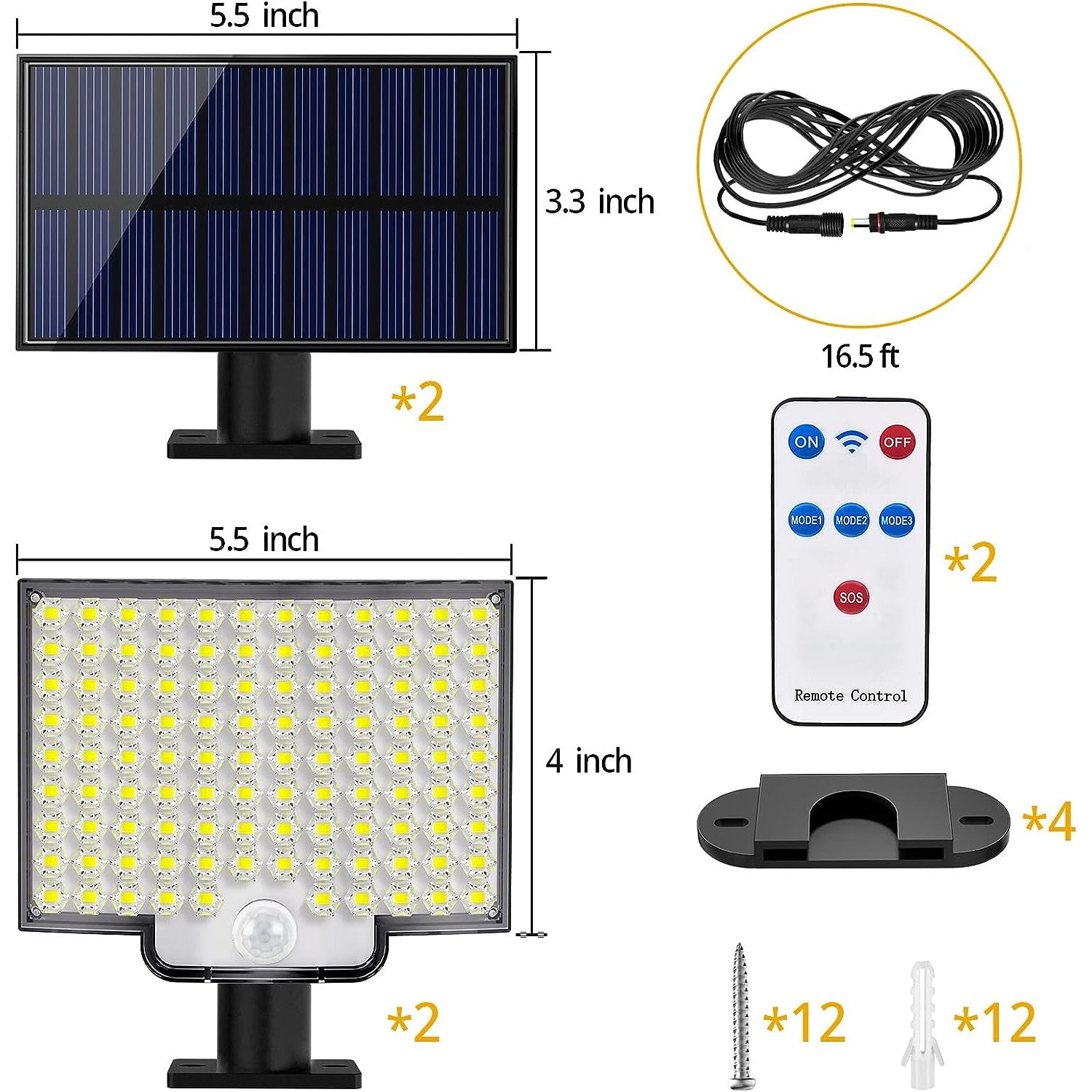 Set de 2 lampa solara LED cu panou solar, 6500K, 650 LM, unghi iluminare de 180°, 188 LED-uri, senzor de miscare, impermeabila IP65, cu telecomanda, cablu de 5 m, acumulator 2000 mAh, Clasa de energie A