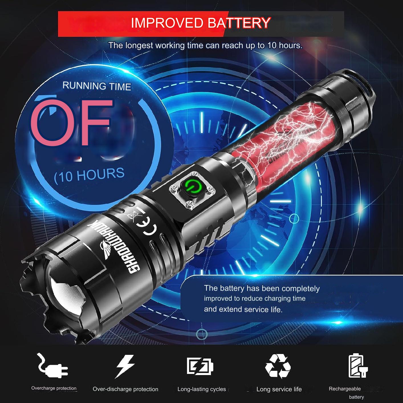 Lanterna tactica LED, din aluminiu, 10000 lumeni, profesionala, focus ajustabil, acumulator inclus, 5 moduri iluminare, rezistenta la apa, incarcare USB, sursa CREE XHP70.2