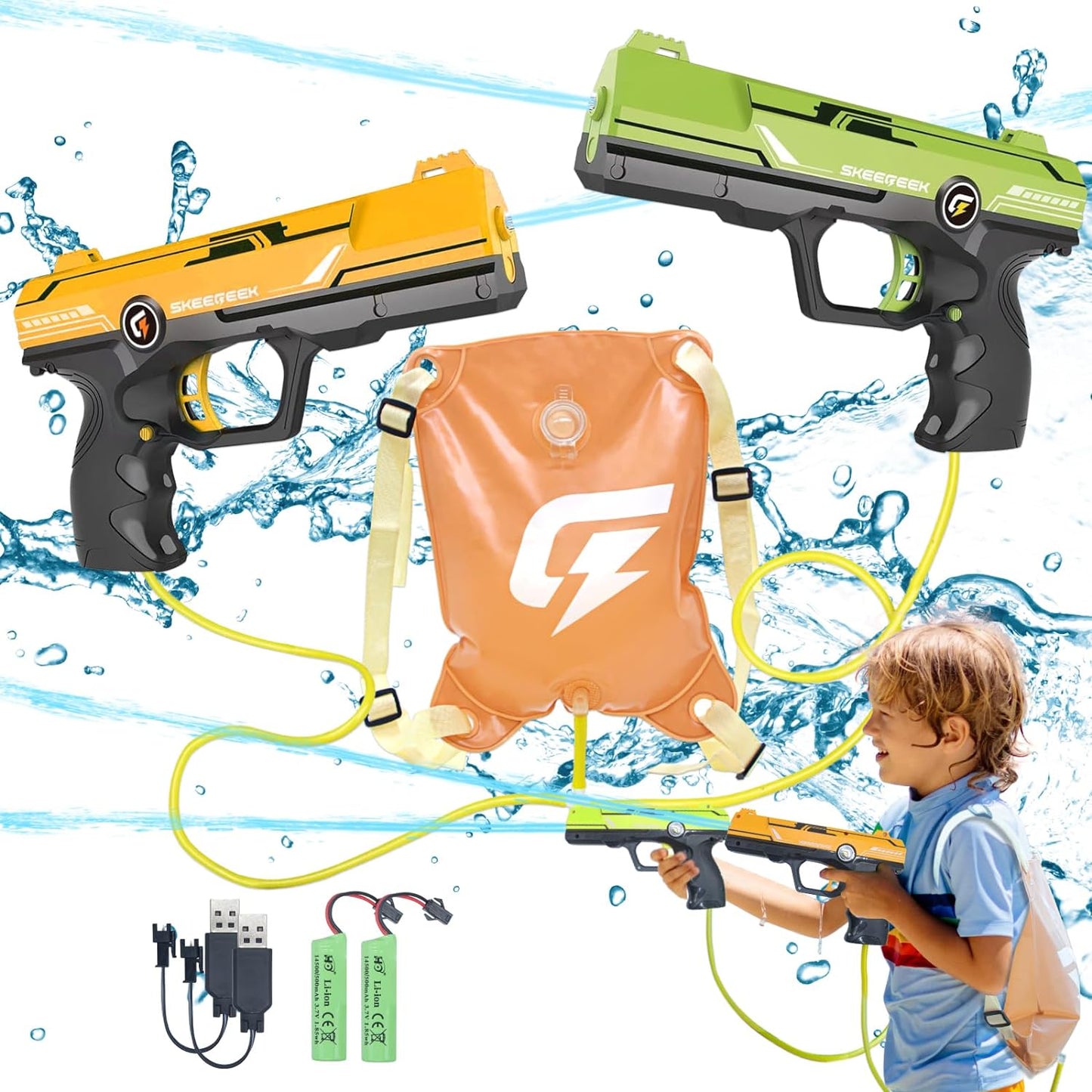 Set pistol cu apa electric, cu 2 pistoale si rezervor tip ghiozdan, bretele ajustabile, raza de 7m, cu acumulator reincarcabil, pentru copii +4 ani