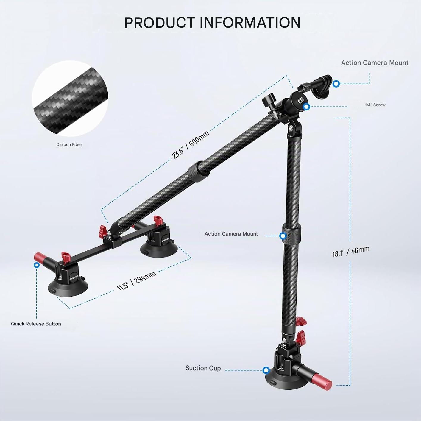 Suport auto NEEWER CA136 cu tripla ventuza, sistem montare camera actiune, compatibil GoPro/Insta360/DJI, sina NATO, brate din fibra de carbon extensibile pana la 60 cm, sarcina max. 1 kg, adaptor 1/4”, pentru vlog si filmare POV ID produs: 4307