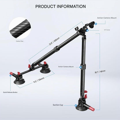 Suport auto NEEWER CA136 cu tripla ventuza, sistem montare camera actiune, compatibil GoPro/Insta360/DJI, sina NATO, brate din fibra de carbon extensibile pana la 60 cm, sarcina max. 1 kg, adaptor 1/4”, pentru vlog si filmare POV ID produs: 4307