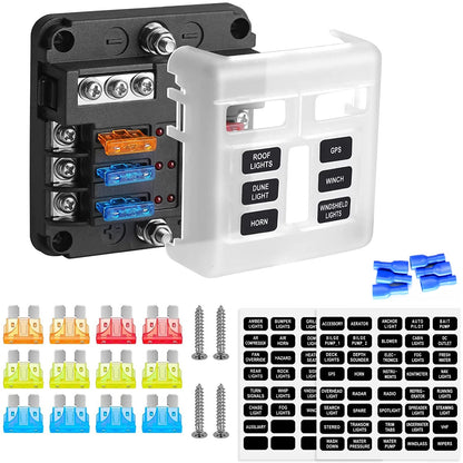 Set panou sigurante auto cu 6 iesiri, 12 V, cu sigurante 5A 10A 15A 20A cu indicator LED si capac de protectie, pentru masina, rulota, barca, autoutilitara, camion