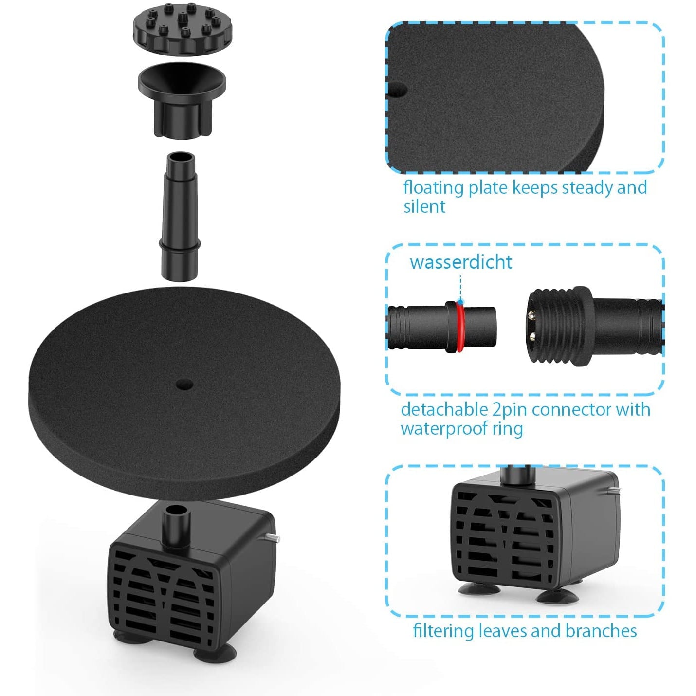 Set fantana arteziana solara 12 W cu 2 pompe, cu 2 baterii incorporate 2000 mAh, pompa de apa plutitoare cu 6 stiluri de jet pentru baie de pasari / iaz mic / gradina