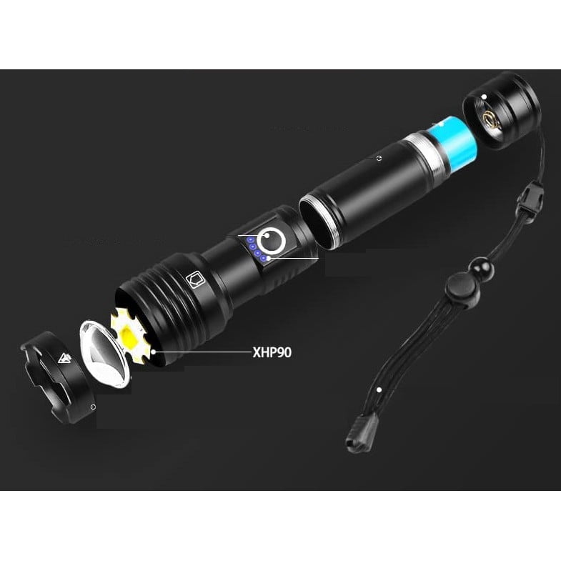 Lanterna tactica LED 30.000 lumeni, reincarcabila, cu baterie de 6800 mAh, 5 moduri iluminare, impermeabila IP67, indicator nivel baterie, din aluminiu