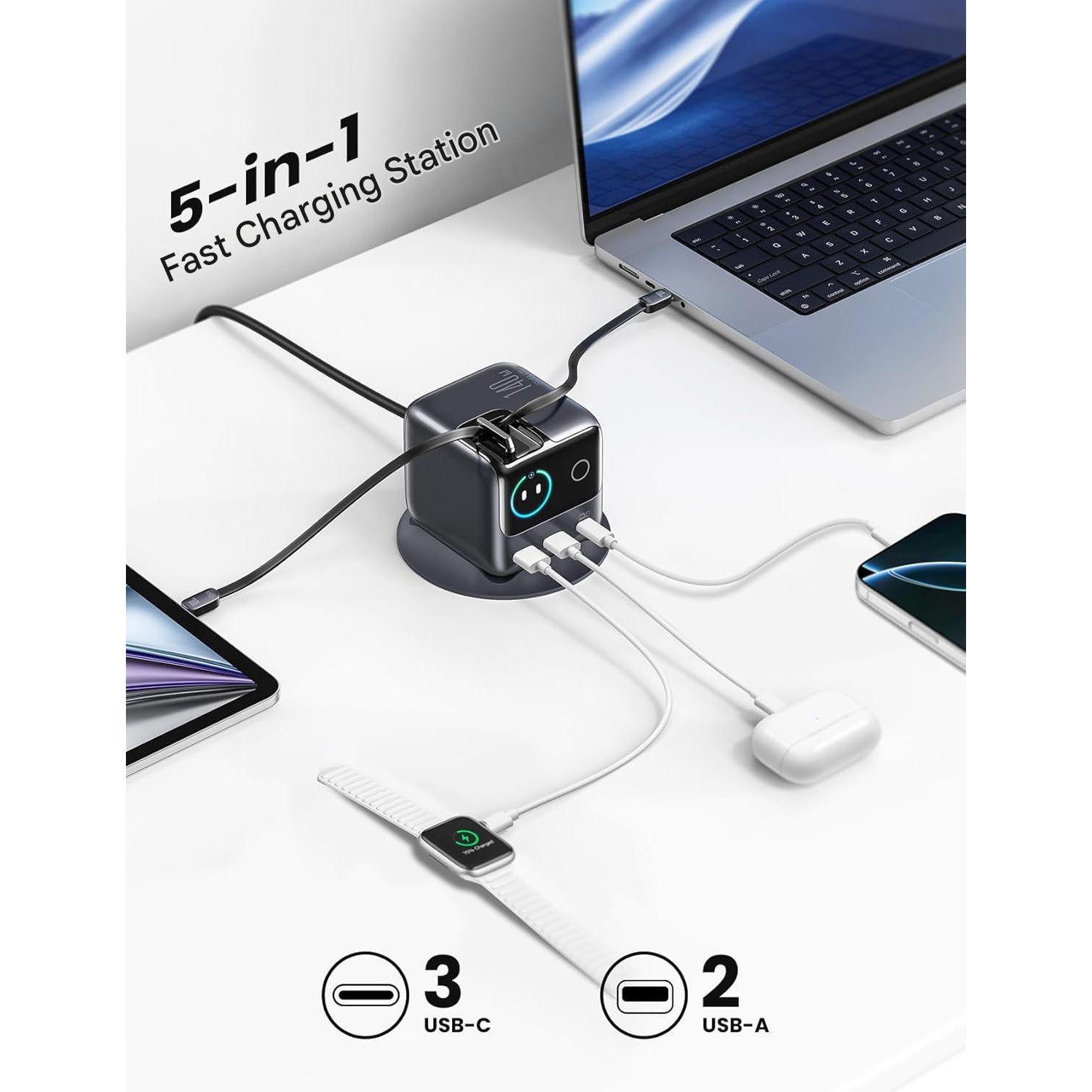 Statie Incarcare JOYROOM PODIX 140W GaN, incarcator rapid USB-C 5-in-1 cu 2 cabluri retractabile 100W, design rotativ la 180°, display LCD 1.54”, 3x USB-C + 2x USB-A, compatibil MacBook, iPhone, Samsung