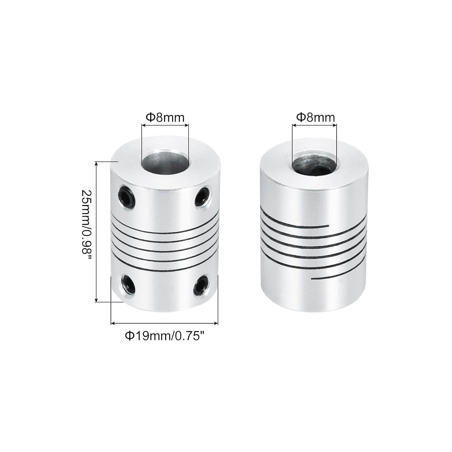 Set de 4 cuplaje flexibile Ax QUARKZMAN 8 mm la 8 mm, aluminiu, L25xD19mm, tip arc (Helical), amortizare vibratii, pentru motor pas cu pas NEMA, imprimanta 3D, CNC, encoder, conector arbore, argintiu