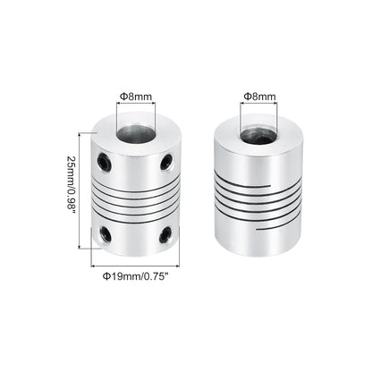 Set de 4 cuplaje flexibile Ax QUARKZMAN 8 mm la 8 mm, aluminiu, L25xD19mm, tip arc (Helical), amortizare vibratii, pentru motor pas cu pas NEMA, imprimanta 3D, CNC, encoder, conector arbore, argintiu