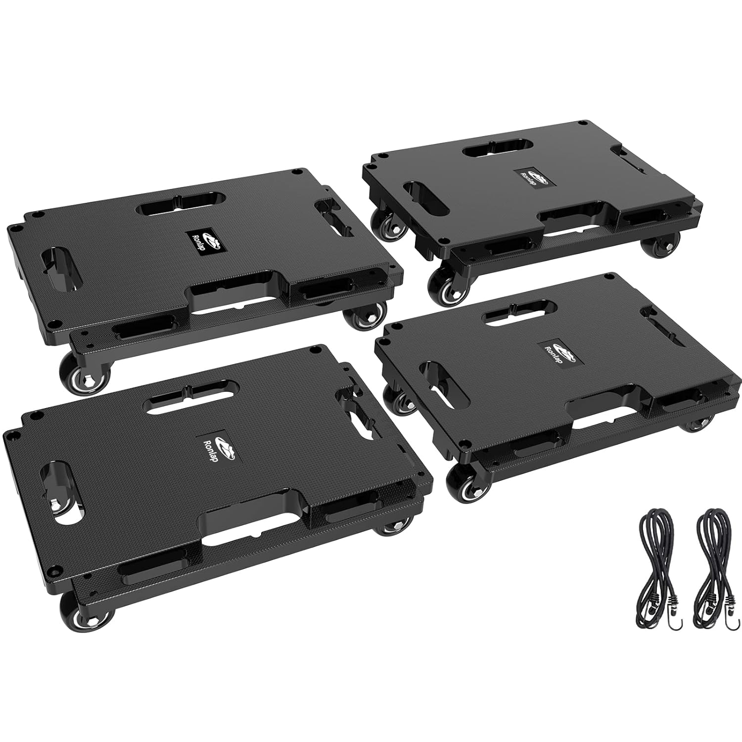 Set 4 carucior transport mobilier, platforma de transport cu roti, sistem de imbinare modular, capacitate totala de pana la 800 kg, cu 8 cordeline elastice, negre