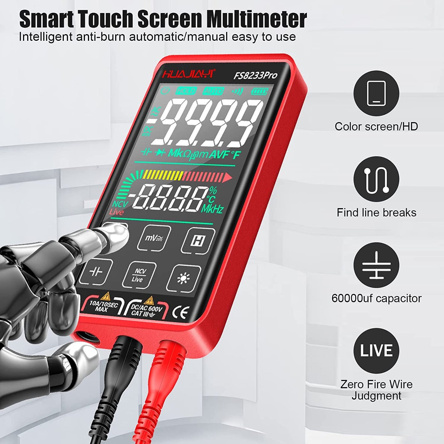 Multimetru digital smart cu touchscreen, selectare automata a parametrilor, tester AC/DC True RMS, 10000 counts, NCV, masoara curent, rezistenta, continuitate, capacitate, dioda, temperatura, frecventa