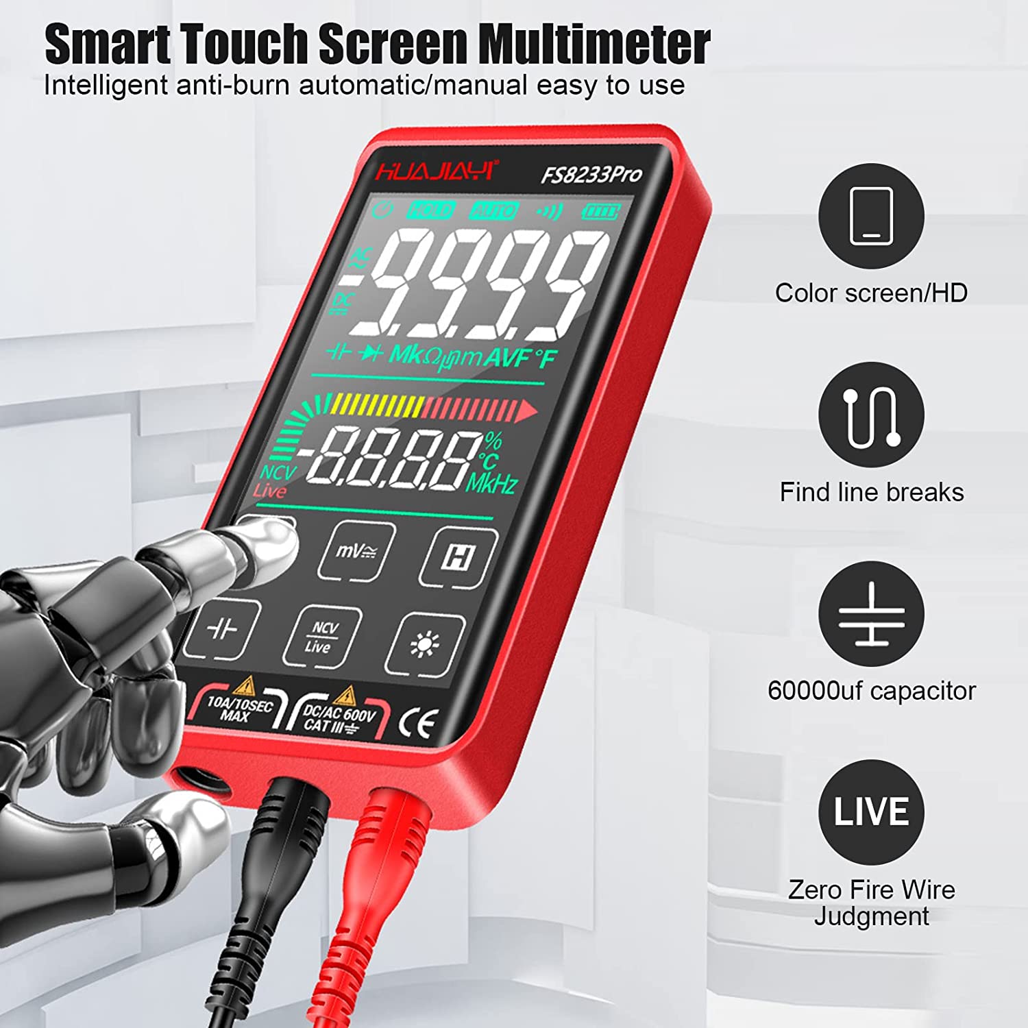 Multimetru digital smart cu touchscreen, selectare automata a parametrilor, tester AC/DC True RMS, 10000 counts, NCV, masoara curent, rezistenta, continuitate, capacitate, dioda, temperatura, frecventa