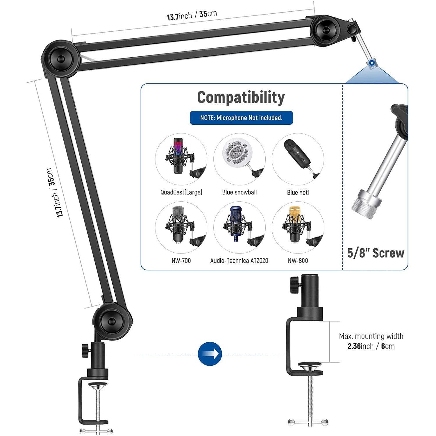Brat de microfon cu menghina, cu adaptor de la 5/8" la 1/4" si adaptor de la 5/8" la 1/4", sarcina maxima 1.8 kg, rotire 360°, din metal, cu arc incastrat, reglabil