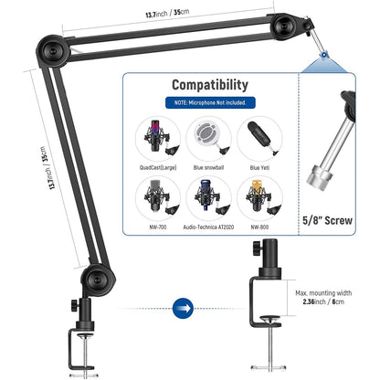Brat de microfon cu menghina, cu adaptor de la 5/8" la 1/4" si adaptor de la 5/8" la 1/4", sarcina maxima 1.8 kg, rotire 360°, din metal, cu arc incastrat, reglabil