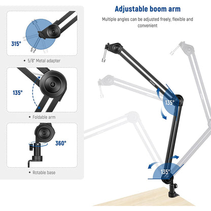 Brat de microfon cu menghina, cu adaptor de la 5/8" la 1/4" si adaptor de la 5/8" la 1/4", sarcina maxima 1.8 kg, rotire 360°, din metal, cu arc incastrat, reglabil