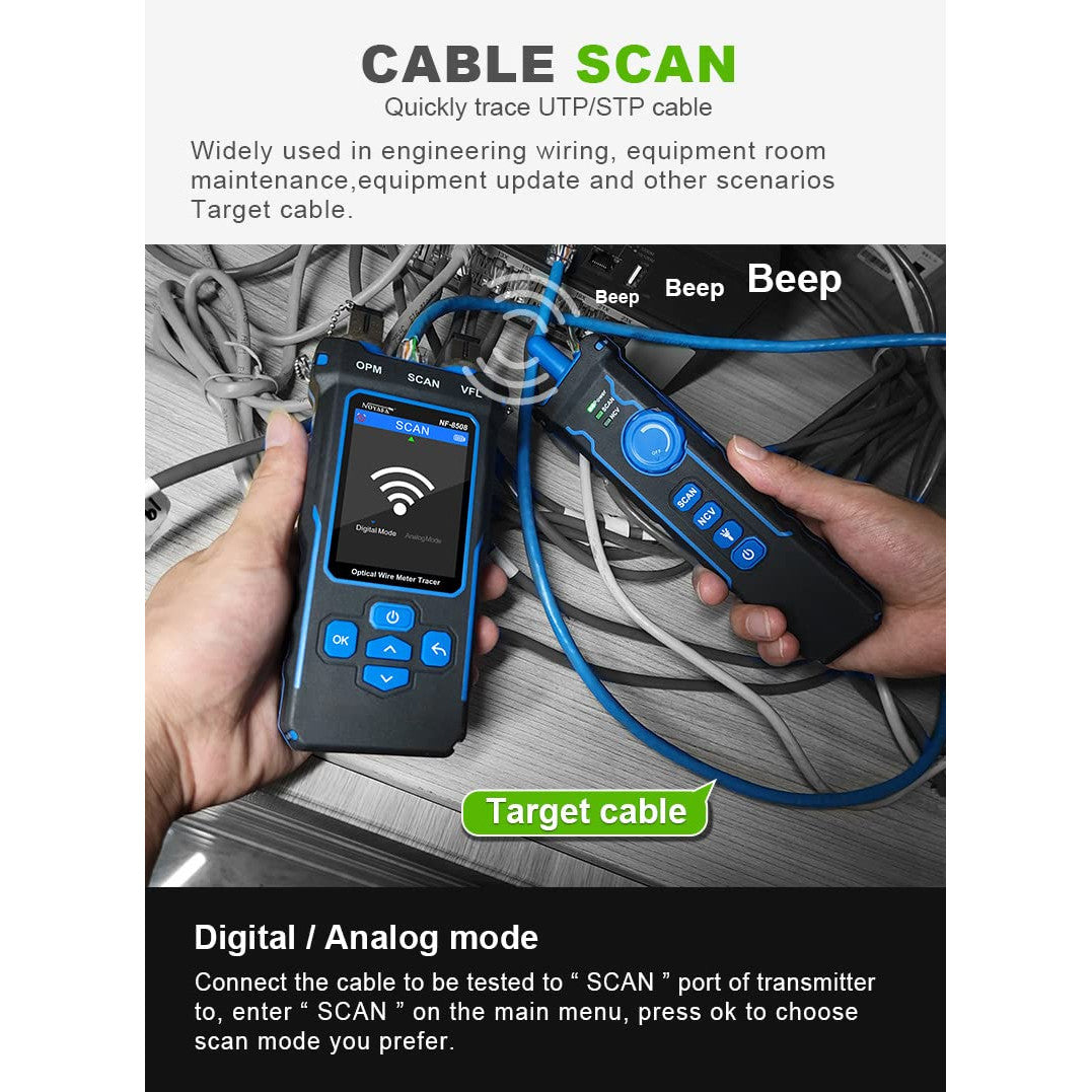 Tester cablu de retea cu powermetru, POE, NCV, UTP CAT5/CAT6, test OPM, VFL, masurarea lungimii, cu lumina LED, ecran LCD, Noyafa