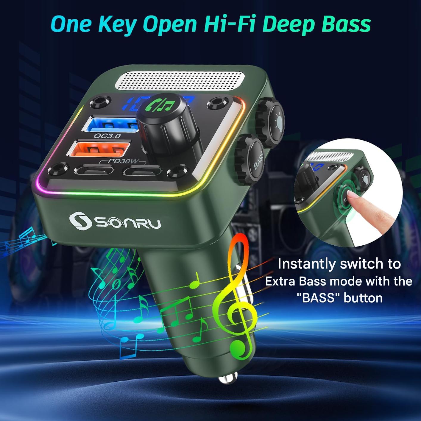 Modulator FM Bluetooth 5.3 SONRU pentru masina, incarcare rapida PD 36W si QC 3.0 18W, hands-free, HiFi Bass, redare USB/U-Disk, lumini LED 7 culori, apeluri wireless, compatibil iPhone, Samsung, Xiaomi, USB-C si USB-A