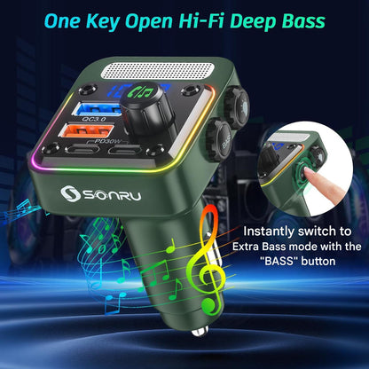 Modulator FM Bluetooth 5.3 SONRU pentru masina, incarcare rapida PD 36W si QC 3.0 18W, hands-free, HiFi Bass, redare USB/U-Disk, lumini LED 7 culori, apeluri wireless, compatibil iPhone, Samsung, Xiaomi, USB-C si USB-A
